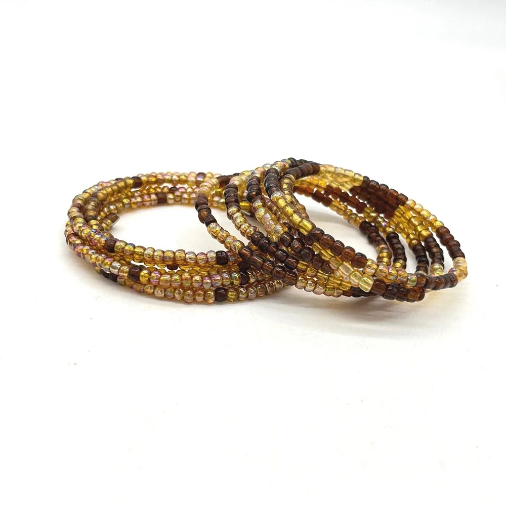 Glass Seed Bead Memory Wire Wrap Bracelet Set Amber Brown Iridescent Gold 2pc - Picture 1 of 3